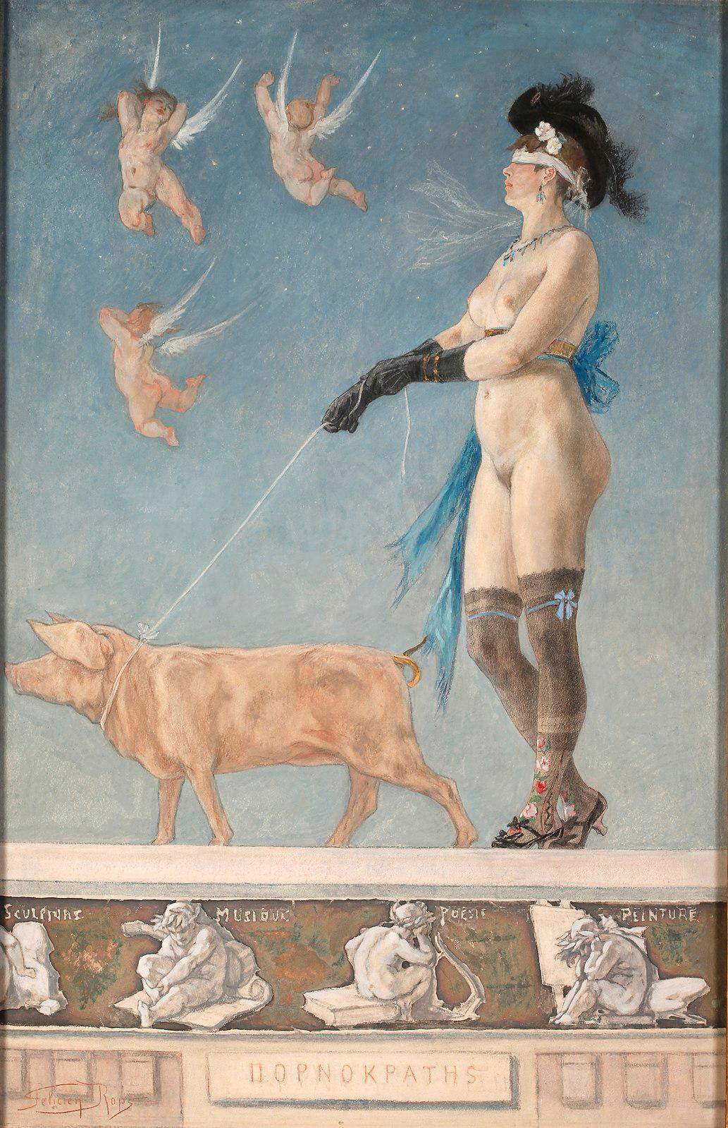 Félicien Rops e Albert Bertrand, Pornocratès - La dame au cochon (1896; incisione a colori au repérage, 695 x 496 mm; Namur, Musée Félicien Rops) Félicien Rops e Albert Bertrand, Pornocratès - La dame au cochon (1896; incisione a colori au repérage, 695 x 496 mm; Namur, Musée Félicien Rops)
