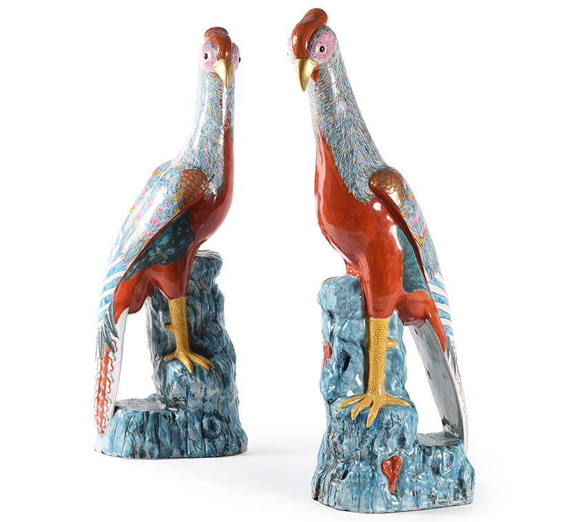 Pair of pink family ceramic pheasants