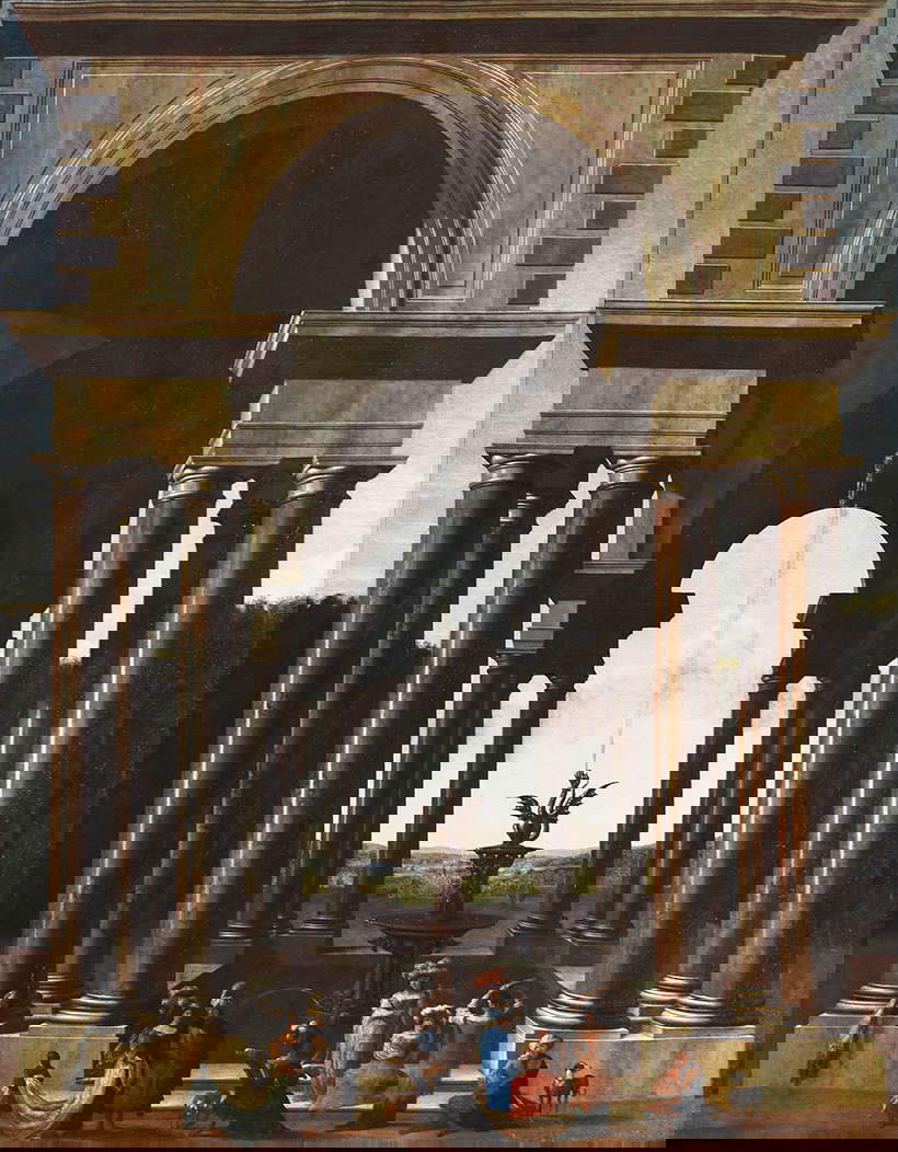 Jacob Ferdinand Saeys, A classical portico with elegant company gathered by a fountain (1694; oil on canvas)