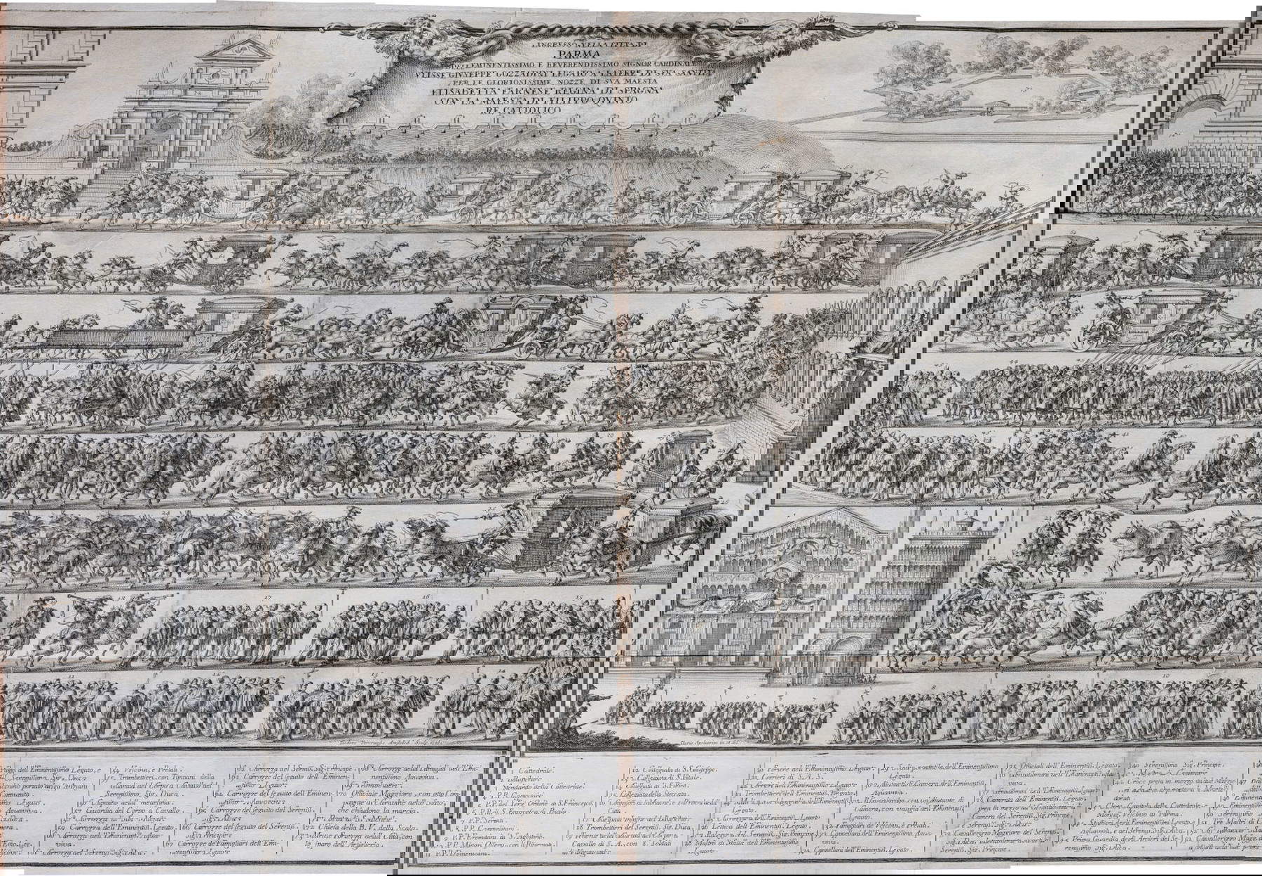 Giuseppe Maggiali, Ragguaglio delle nozze delle maest&agrave; di Filippo quinto, e di Elisabetta Farnese nata principessa di Parma re cattolici delle Spagne solennemente celebrate in Parma l&rsquo;anno 1714&hellip; (1717, Parma, nella Stamperia di S.A.S, MDCCXVII; volume a stampa, fol., illustrazioni; Piacenza, Biblioteca comunale Passerini- Landi, 2 esemplari: coll. F&rsquo; IV 34; Arco 6 I 10)