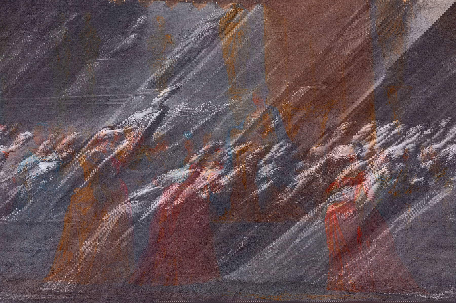 Ilario Mercanti detto lo Spolverini, Baciamano della regina Elisabetta da parte delle dame e dei gentiluomini di Corte (1717-1718; olio su tela, 95 &times; 165 cm; Reggia di Caserta, inv. n. 569 [1874]; n. 579 [1905]; n. 853 [1951-1952]; n. 1000 [1977-1978]; Collezione Farnese, Serie dei Fasti Farnesiani, nozze di Elisabetta Farnese e Filippo V)