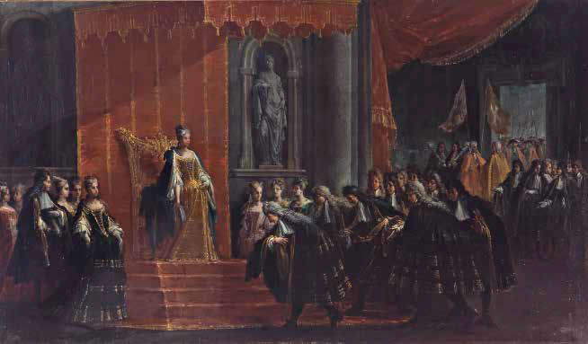Ilario Mercanti detto lo Spolverini, Baciamano della regina Elisabetta da parte dei rappresentanti delle comunit&agrave; di Parma e Piacenza (1717-1718; olio su tela 95 &times; 165 cm; Reggia di Caserta, inv. n. 561 [1874]; n. 580 [1905]; n. 844 [1951-1952]; n. 1014 [1977-1978]; Collezione Farnese, Serie dei Fasti Farnesiani, nozze di Elisabetta Farnese e Filippo V)