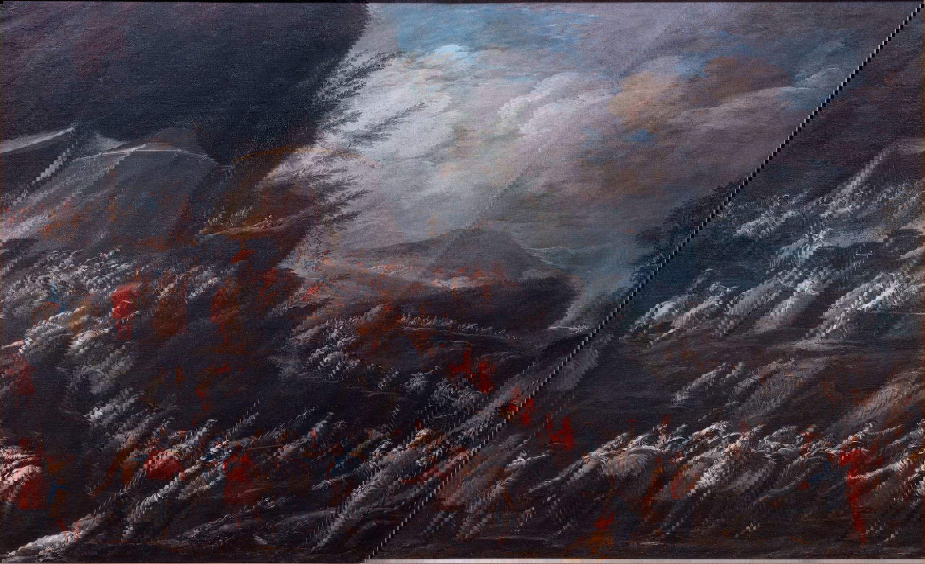 Ilario Mercanti detto lo Spolverini, La regina Elisabetta prende congedo dal duca, dal cardinale Acquaviva e dalla corte al monte Cento Croci (1720-1721; olio su tela, 247,5 &times; 398 cm; Piacenza, Musei Civici di Palazzo Farnese, inv. 401)