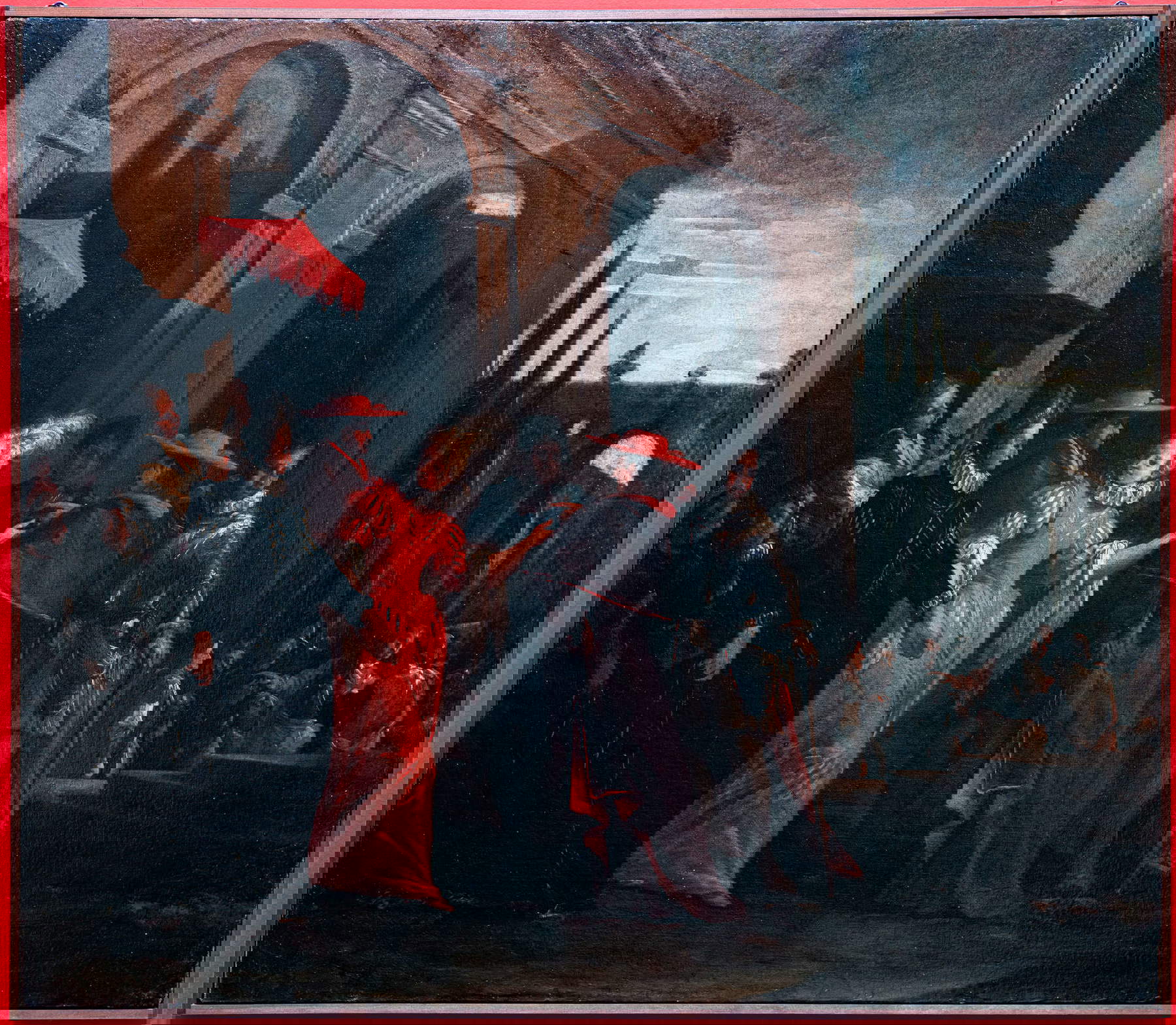 Ilario Mercanti detto lo Spolverini, Elisabetta Farnese e la madre Dorotea Sofia incontrano i cardinali Gozzadini e Acquaviva accompagnate da alcuni gentiluomini (1717; olio su tela 109 &times; 124 cm; Piacenza, Musei Civici di Palazzo Farnese, inv. 393)