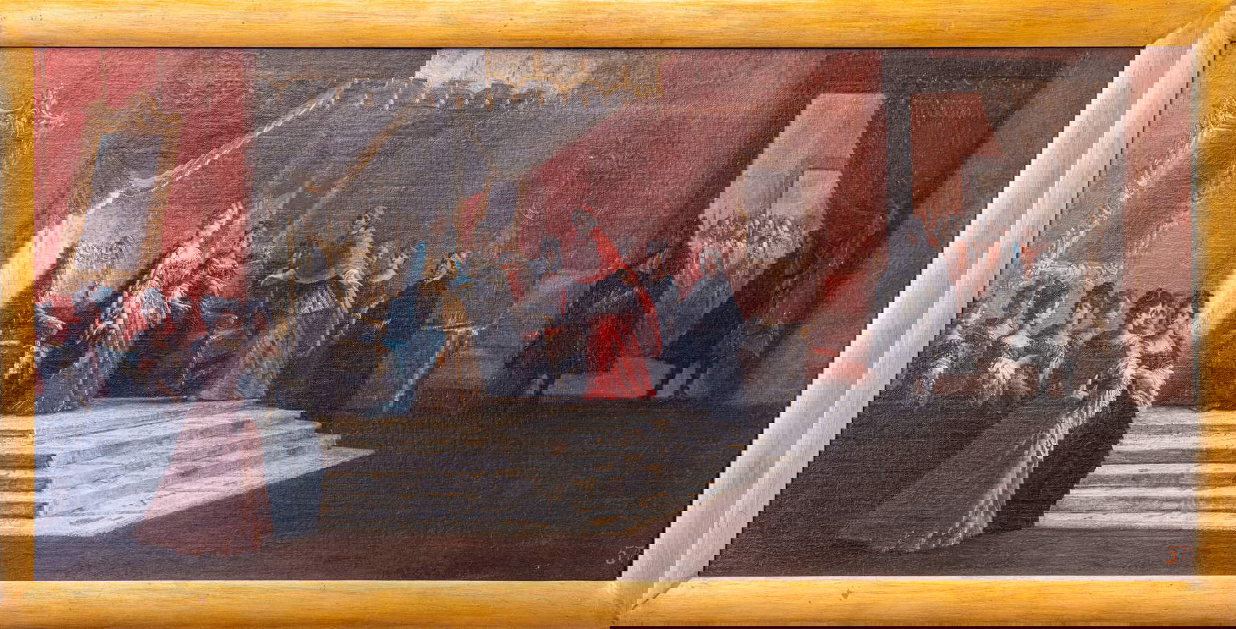 Ilario Mercanti detto lo Spolverini, Il cardinale Gozzadini rende visita a Elisabetta Farnese (1715-1717; olio su tela, 80 &times; 170 cm; Reggia di Caserta, inv. n. 572 [1874]; n. 853 [1905]; n. 2161 [1951-1952]; n. 993 [1977-1978]; Collezione Farnese, Serie dei Fasti Farnesiani, nozze di Elisabetta Farnese e Filippo V)