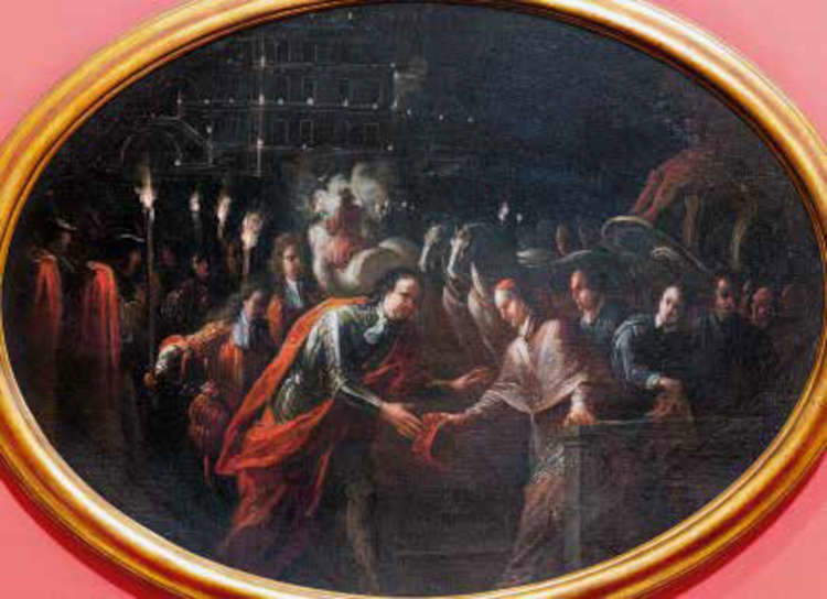 Ilario Mercanti detto lo Spolverini, Incontro del duca Francesco Farnese con il cardinale Giuseppe Ulisse Gozzadini, legato del papa per le nozze di Elisabetta Farnese (1714-1717; olio su tela ovale, 72,5 &times; 100 cm; Piacenza, Musei Civici di Palazzo Farnese, inv. 354)