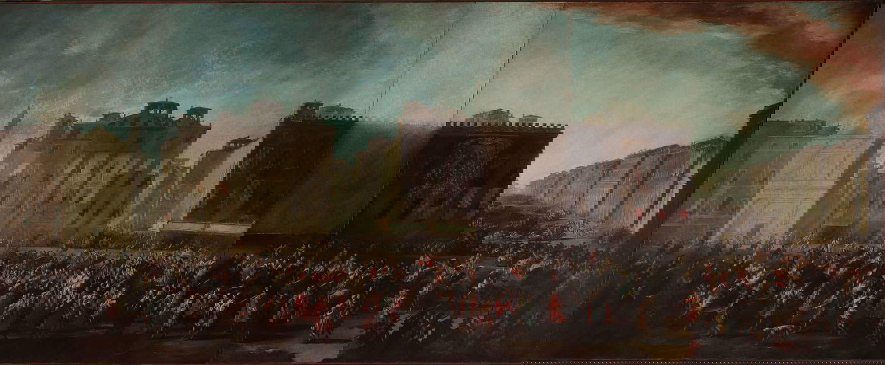 Ilario Mercanti detto lo Spolverini, Ingresso in Parma da porta San Michele del cardinale Giuseppe Ulisse Gozzadini, Legato a Latere del Pontefice, affiancato dal cardinale Acquaviva e dal duca Francesco Farnese snodarsi del corteo per le vie della citt&agrave; sino al duomo (1717-1721; olio su tela, in origine 280 &times; 660 cm, ridotto in tre frammenti: 280 &times; 350; 280 &times; 240; 100 &times; 70 cm; Piacenza, Musei Civici di Palazzo Farnese, inv. 402/1997 n. 53)