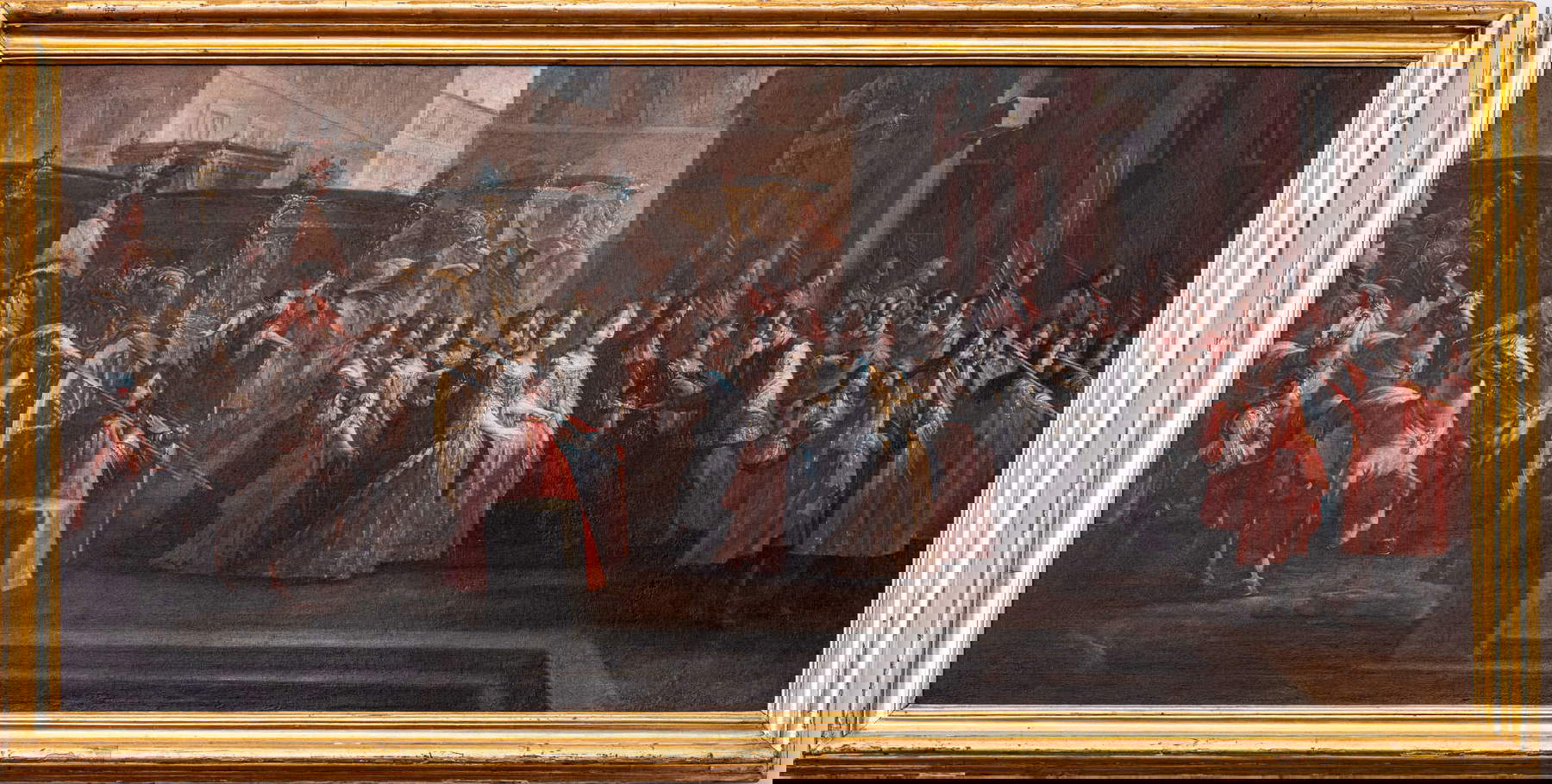 Ilario Mercanti detto lo Spolverini, Il vescovo e il clero di Parma rendono omaggio a Elisabetta alla porta del Duomo (1715-1717; olio su tela 80 &times; 170 cm; Reggia di Caserta, inv. n. 572 [1874]; n. 578 [1905]; n. 854 [1951-1952]; n. 1001 [1977-1978]; Collezione Farnese, Serie dei Fasti Farnesiani, nozze di Elisabetta Farnese e Filippo V)