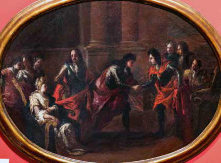 Ilario Mercanti detto lo Spolverini, Visita a corte (1715-1717; olio su tela ovale, 76 &times; 100 cm; Piacenza, Musei Civici di Palazzo Farnese, inv. 306)