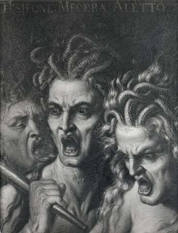 Artista ignoto, Le tre Furie (olio su tela, 64 x 50,8 cm; Ubicazione sconosciuta) Artista ignoto, Le tre Furie (olio su tela, 64 x 50,8 cm; Ubicazione sconosciuta)