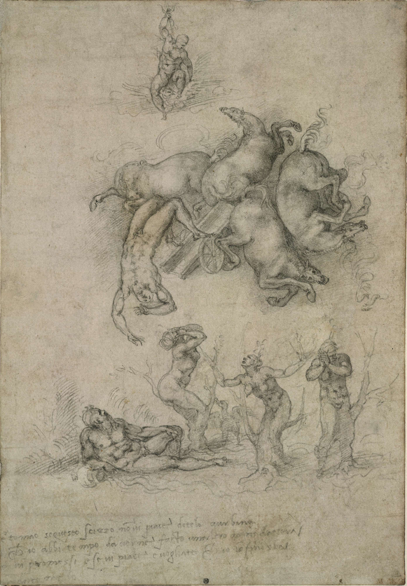 Michelangelo, La caduta di Fetonte (carboncino su carta, 312 x 215 mm; Londra, British Museum) Michelangelo, La caduta di Fetonte (carboncino su carta, 312 x 215 mm; Londra, British Museum)