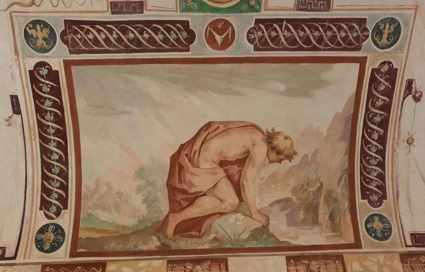 Niccolò Circignani detto il Pomarancio, Narciso, dettaglio (affresco; Castiglione del Lago, Palazzo della Corgna, Sala degli Insensati) Niccolò Circignani detto il Pomarancio, Narciso, dettaglio (affresco; Castiglione del Lago, Palazzo della Corgna, Sala degli Insensati)