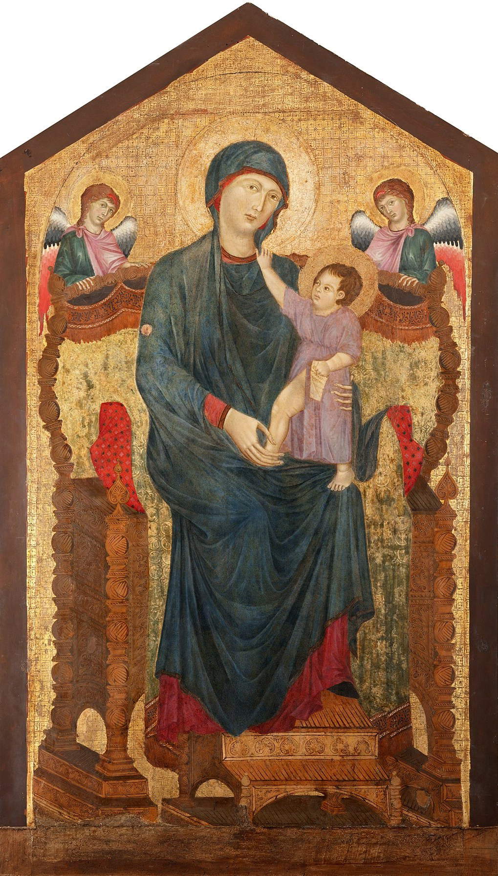 Cimabue, Virgen entronizada con el Niño y dos ángeles (1280-1285; temple sobre tabla, 218 x 118 cm; Bolonia, Basílica de Santa Maria dei Servi - propiedad del Fondo Edifici di Culto del Ministero dell'Interno) Cimabue, Virgen entronizada con el Niño y dos ángeles (1280-1285; temple sobre tabla, 218 x 118 cm; Bolonia, Basílica de Santa Maria dei Servi - propiedad del Fondo Edifici di Culto del Ministero dell'Interno)