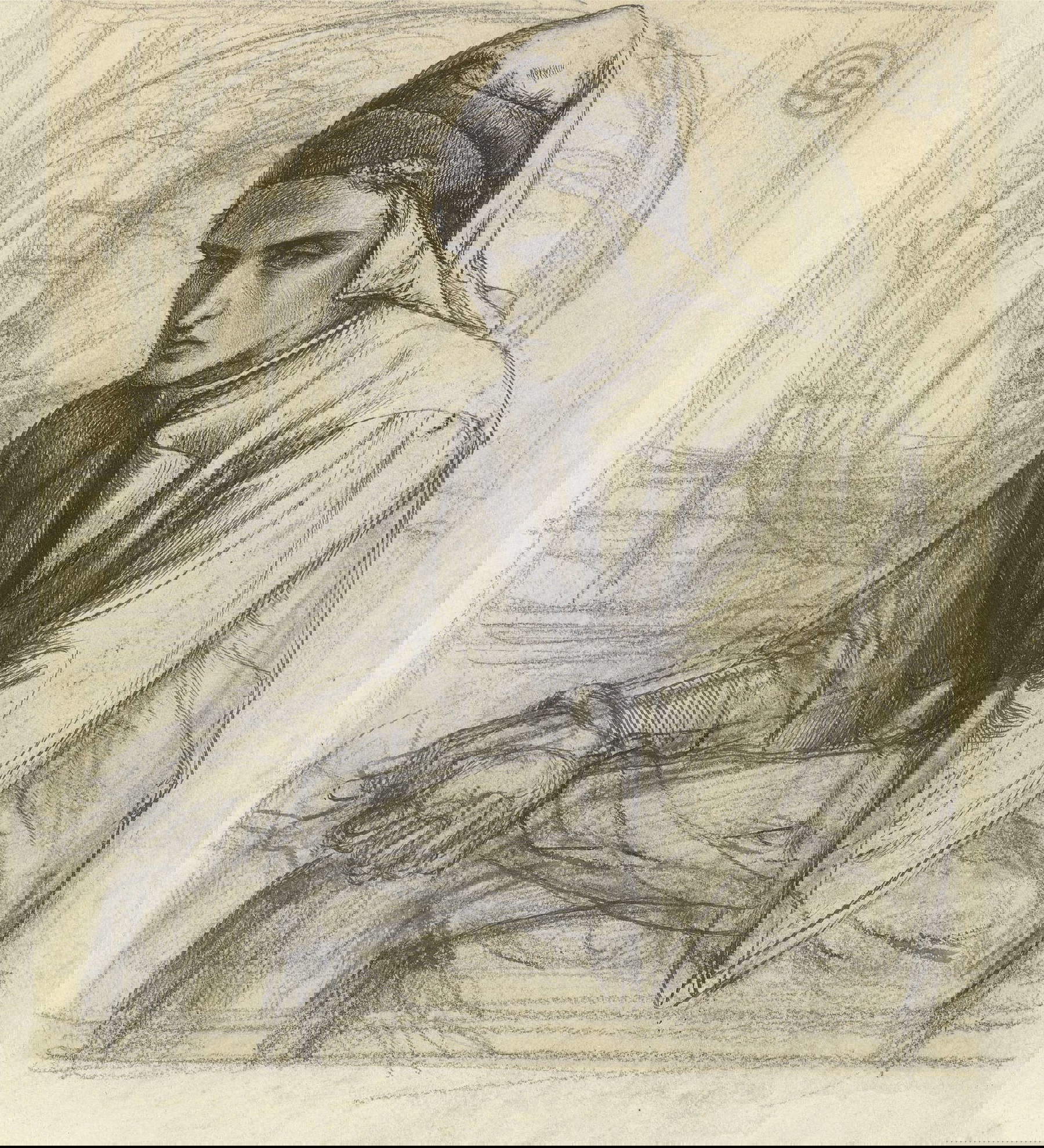 Dante Gabriel Rossetti, Dante en meditación sosteniendo una granada (ca. 1852; pluma y tinta negra y grafito sobre papel, 22,9 x 20 cm; New Haven, Yale Center for British Art Paul Mellon Fund) Dante Gabriel Rossetti, Dante en meditación sosteniendo una granada (ca. 1852; pluma y tinta negra y grafito sobre papel, 22,9 x 20 cm; New Haven, Yale Center for British Art Paul Mellon Fund)