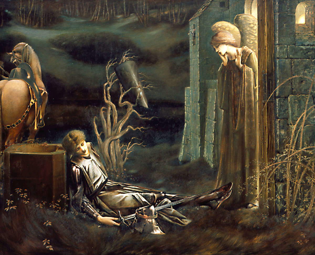 Edward Burne-Jones, Lancelot en la capilla del Santo Grial (1896; óleo sobre lienzo, 138,5 x 169 cm; Southampton, Southampton City Art Gallery) Edward Burne-Jones, Lancelot en la capilla del Santo Grial (1896; óleo sobre lienzo, 138,5 x 169 cm; Southampton, Southampton City Art Gallery)