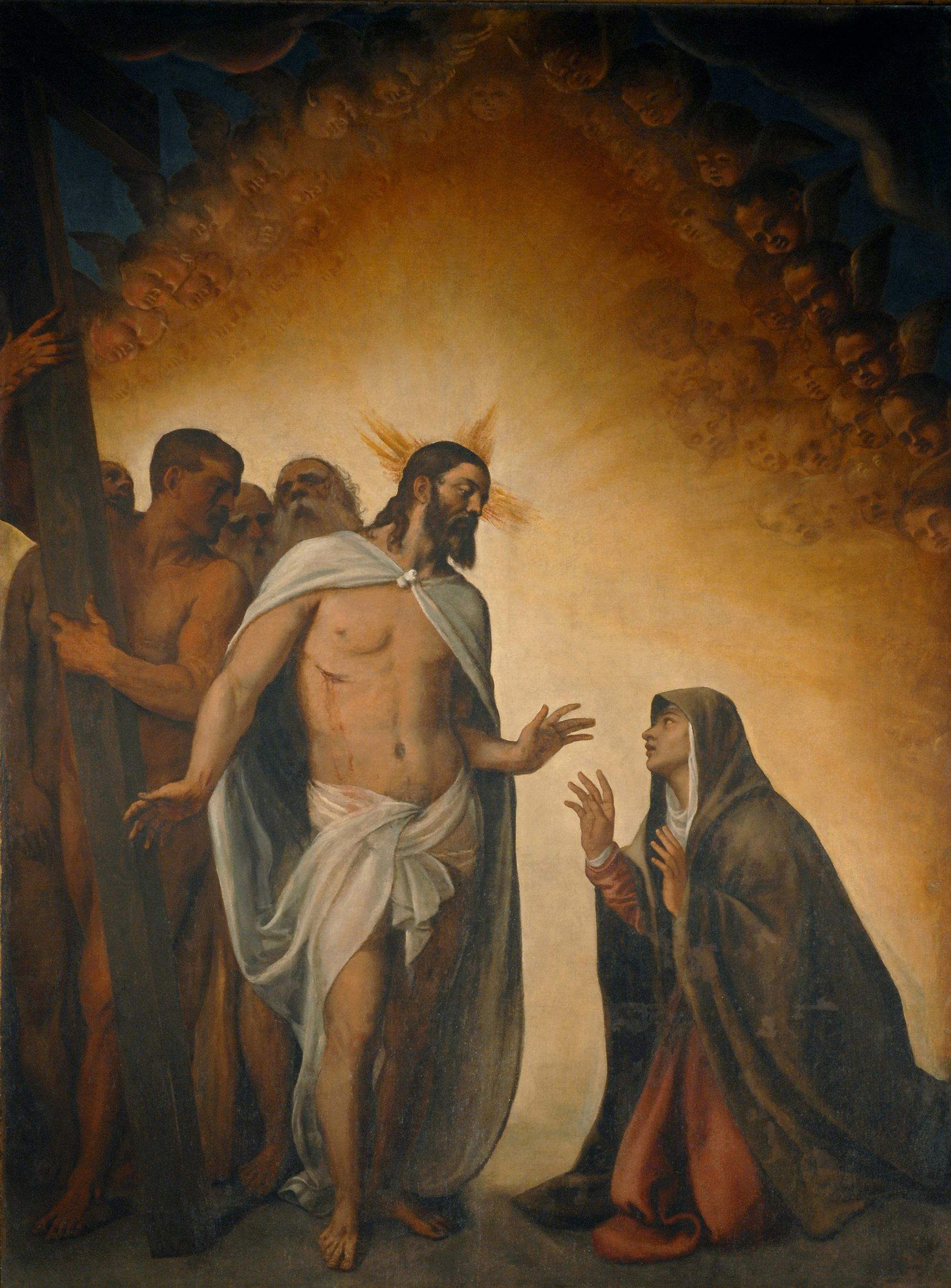 Tiziano, Cristo resucitado se aparece a la Madre (tercer cuarto del siglo XVI; óleo sobre lienzo, 276 x 198 cm; Mantua, Parroquia de Medole) Tiziano, Cristo resucitado se aparece a la Madre (tercer cuarto del siglo XVI; óleo sobre lienzo, 276 x 198 cm; Mantua, Parroquia de Medole)