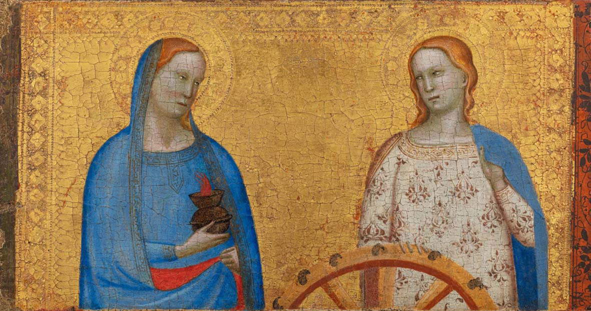 Bernardo Daddi, Partie de la prédelle du polyptyque de l'église Saint-Georges de Ruballa, Sainte Lucie et Sainte Catherine d'Alexandrie (1348 ; tempera sur panneau, 21 x 38,6 cm). Présenté par Brimo de Laroussilhe