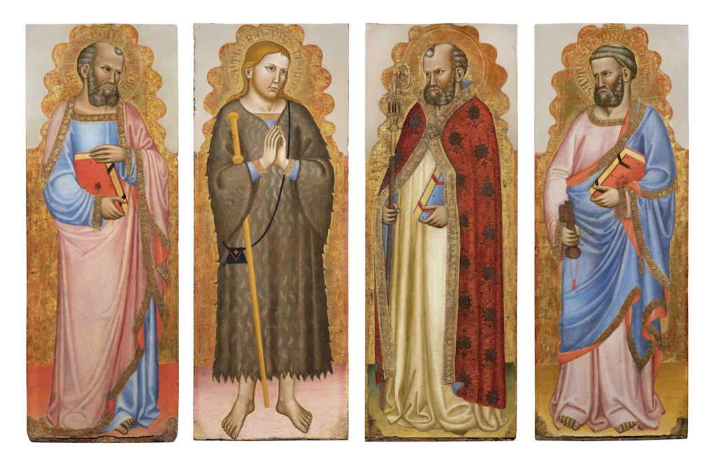 Cecco di Pietro, Saint Simon, Saint Ranieri de Pise, Saint Ambroise, Saint Pierre (1378 ; tempera sur panneau, 93,2 x 34 cm). Présenté par Flavio Gianassi FG Fine Art