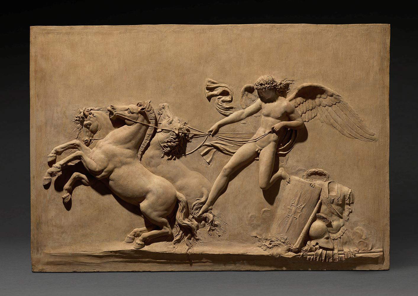 Joseph Chinard, Le génie de la paix domptant les chevaux de Mars (vers 1791 ; terre cuite, 48 x 71 x 4 cm). Présenté par Daniel Katz