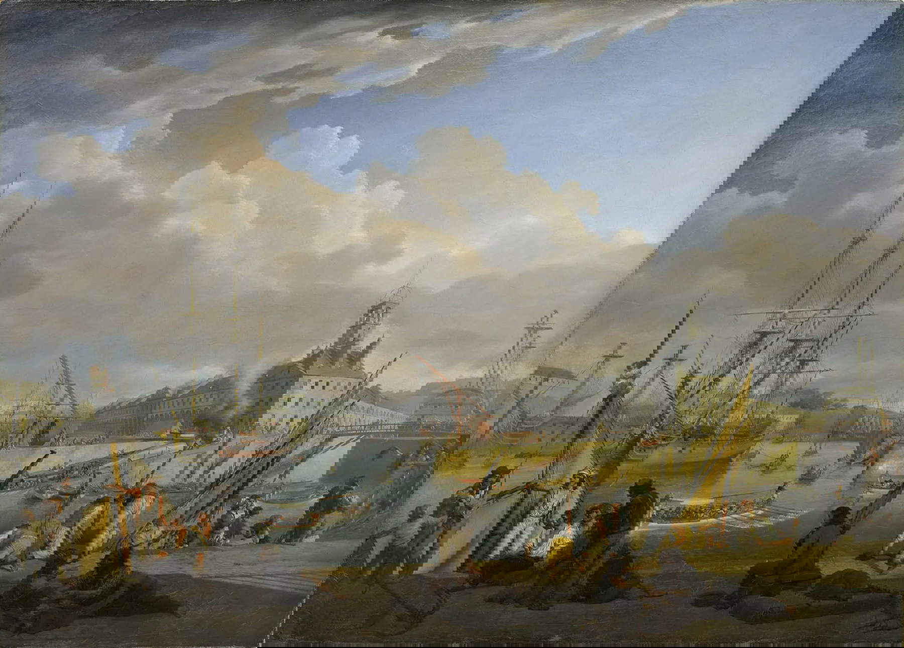 Louis-Philippe Cr&eacute;pin, Vue du Port de Brest, prise de la Cale de la Vieille Intendance, au moment de l'embarquement du g&eacute;n&eacute;ral Hoche pour l'Irlande, le 15 d&eacute;cembre 1796 (1798 ; huile sur toile, 105 x 146 cm). Présenté par Stair Santy