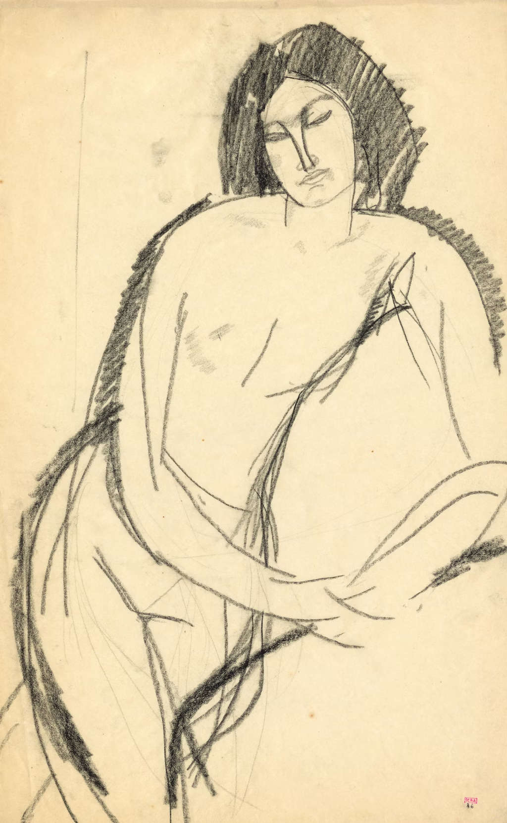 Amedeo Modigliani, Femme nue s'appuyant sur l'avant-bras gauche (c. 1910; pencil on paper, 430 x 267 mm).