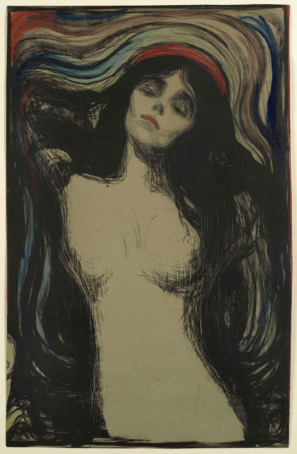Edvard Munch, Madonna (1896; hand-colored lithograph on green card stock, 541 x 349 mm).