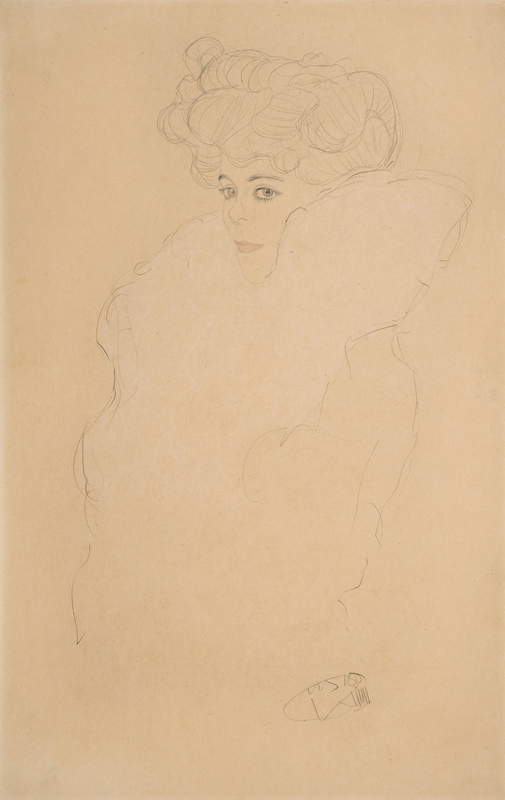 Gustav Klimt, Portrait of a Young Woman in a Fur Boa (1904-1905; black pencil and red crayon, with white pencil elevations on paper, 540 x 344 mm).