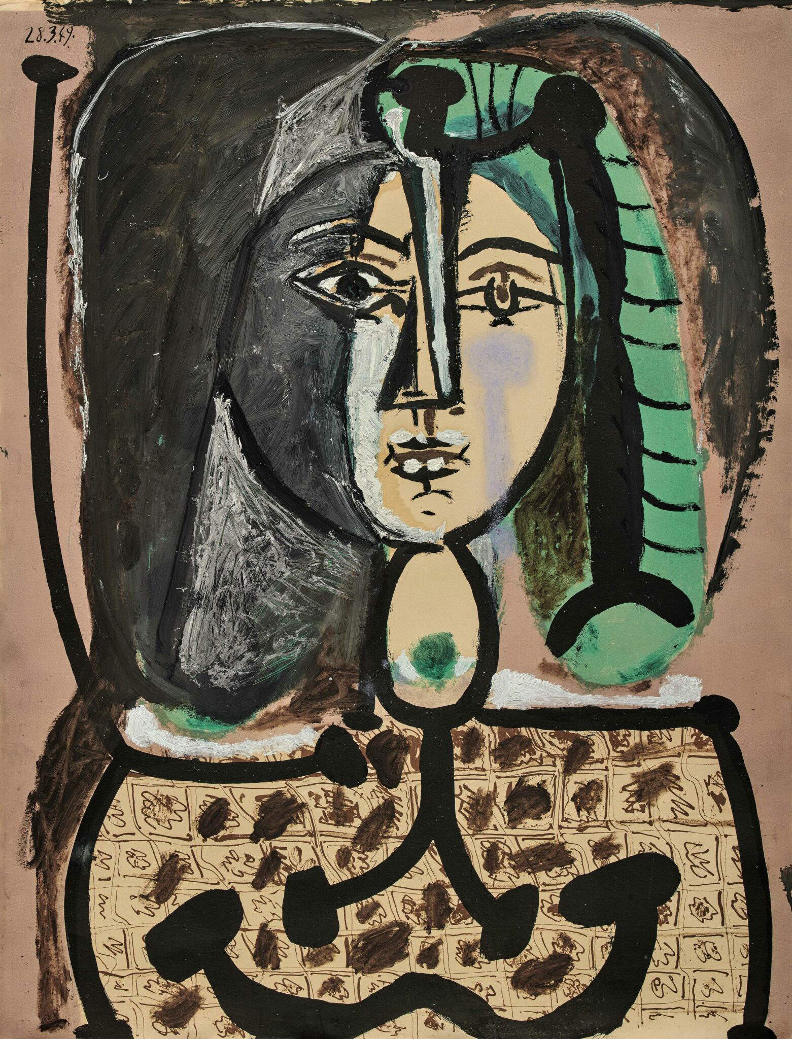 Pablo Picasso, Femme au tablier (1949; oil and lithograph on paper, 65.5 x 50 cm).