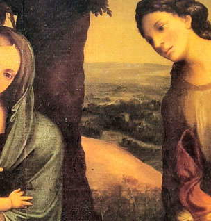 Das Turmhaus ist in der Landschaft sichtbar. Aus der kapitolinischen Kopie der Madonna von Albinea.