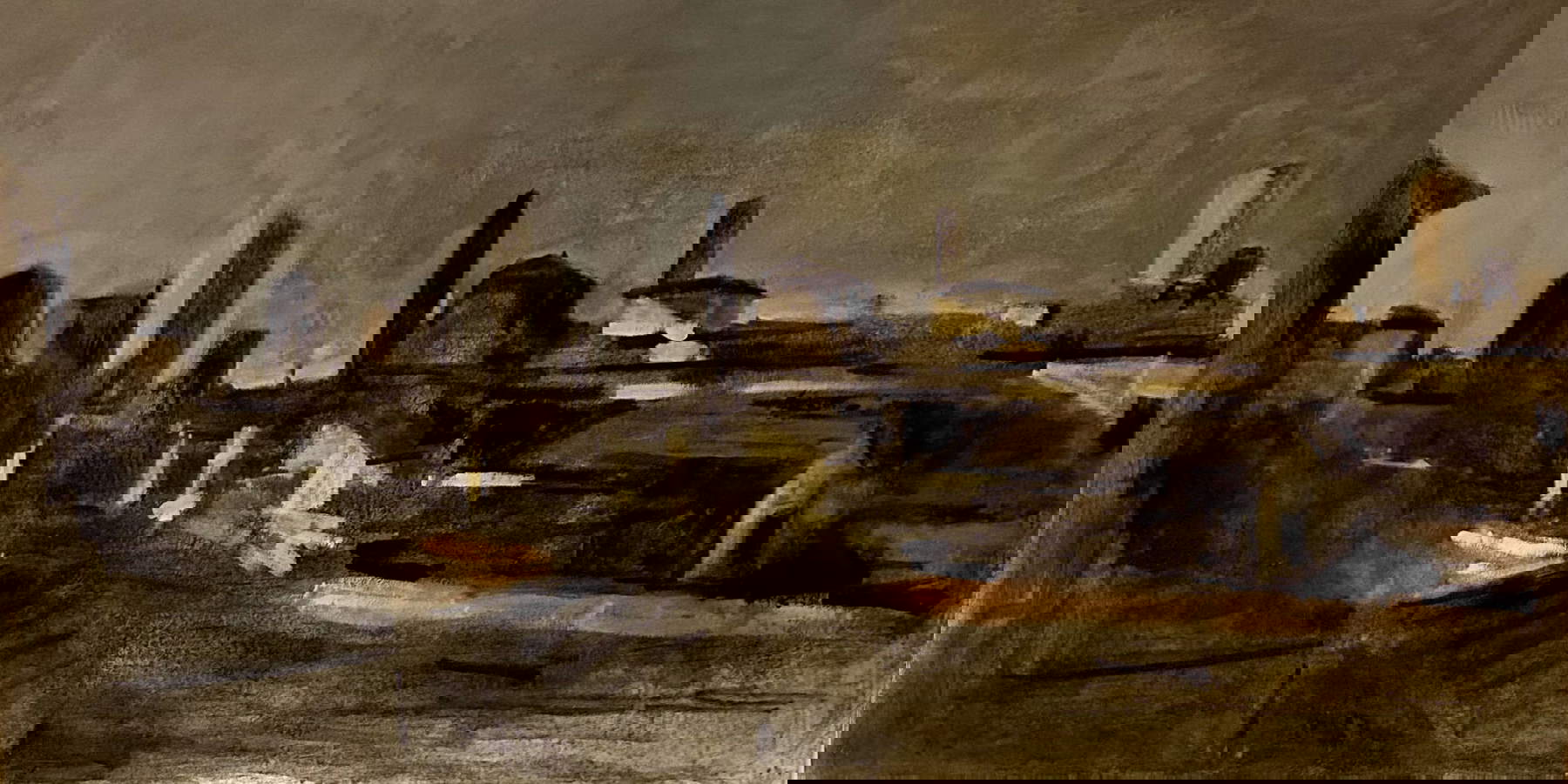 Remo Brizzi, The Towers of Bologna (2012; oil on canvas, 105 x 200 cm; Remo Brizzi Archive)