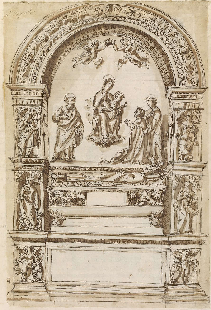 Disegno del XVII secolo raffigurante la tomba di Lorenzo Cybo prima dello smantellamento Disegno del XVII secolo raffigurante la tomba di Lorenzo Cybo prima dello smantellamento