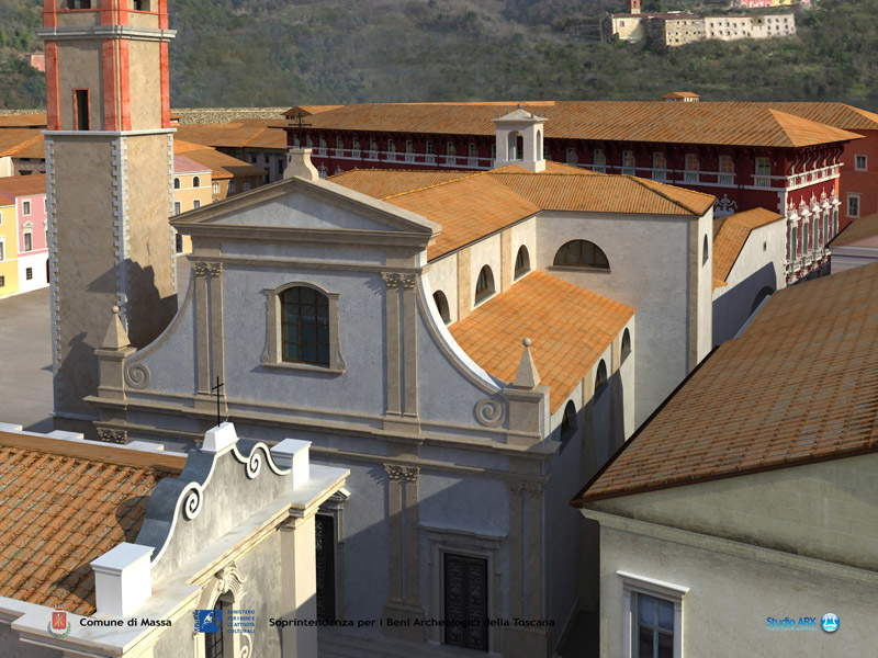 Ricostruzione grafica della chiesa di San Pietro. Immagine: Marco Tonelli Ricostruzione grafica della chiesa di San Pietro. Immagine: Marco Tonelli