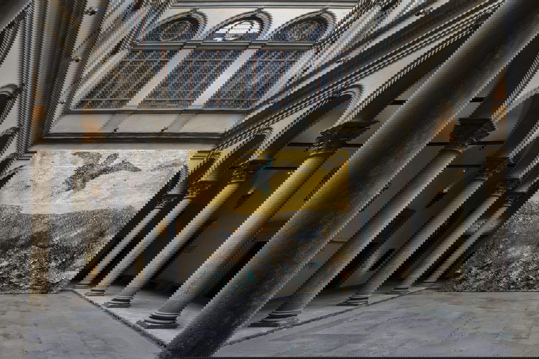 Anselm Kiefer, Engelssturz (Fall of the Angel) (2022-2023; emulsion, oil, acrylic, shellac, gold leaf, fabric, electrolysis sediment, and charcoal on canvas, 750 &times; 840 cm)