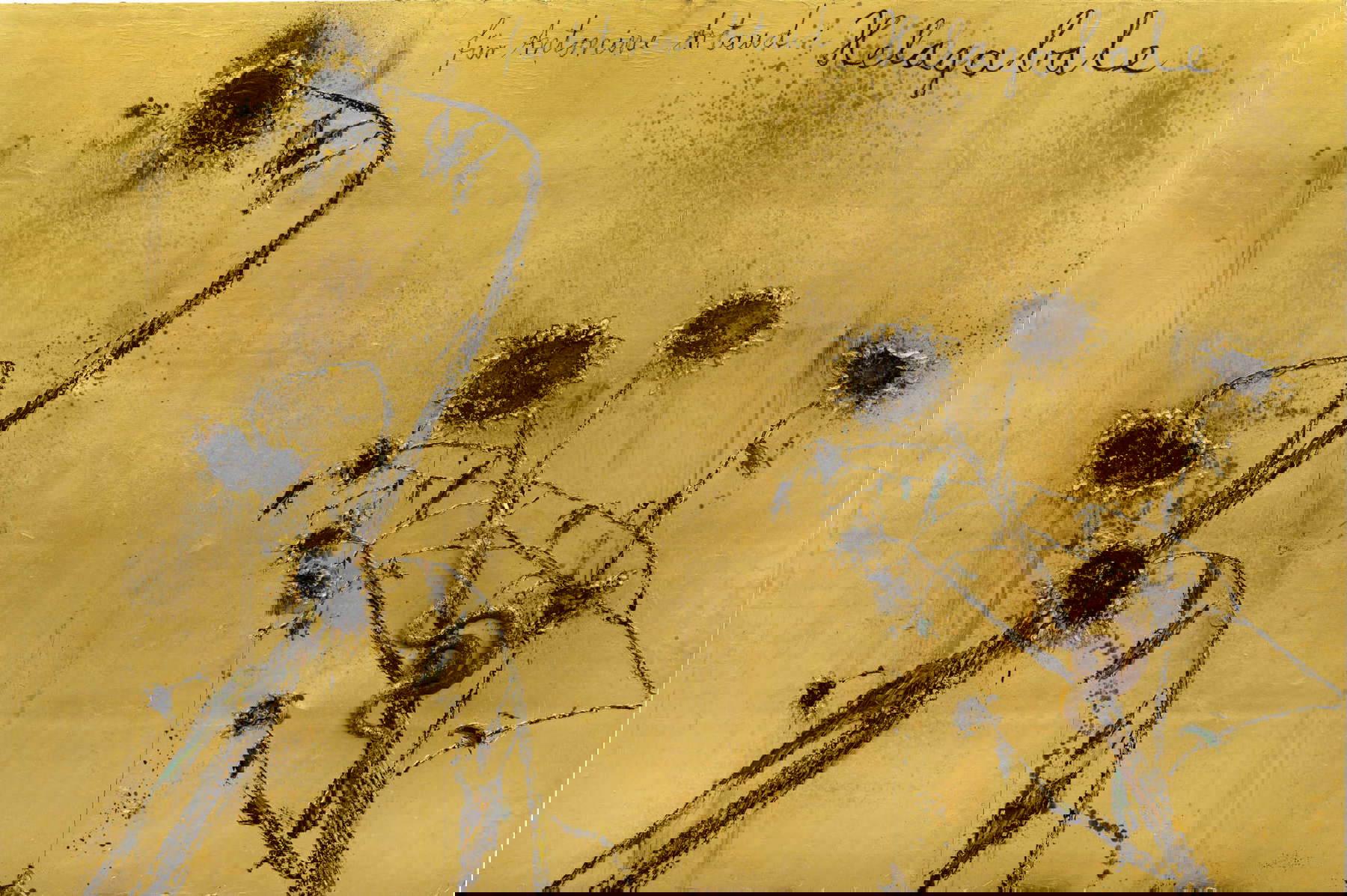 Anselm Kiefer, F&uuml;r Antonin Artaud: Helagabale (For Antonin Artaud: Heliogabalus) (2023; emulsion, oil, acrylic, shellac, gold leaf, electrolysis sediment, plaster, terracotta and steel wire on canvas, 380 &times; 570 cm)