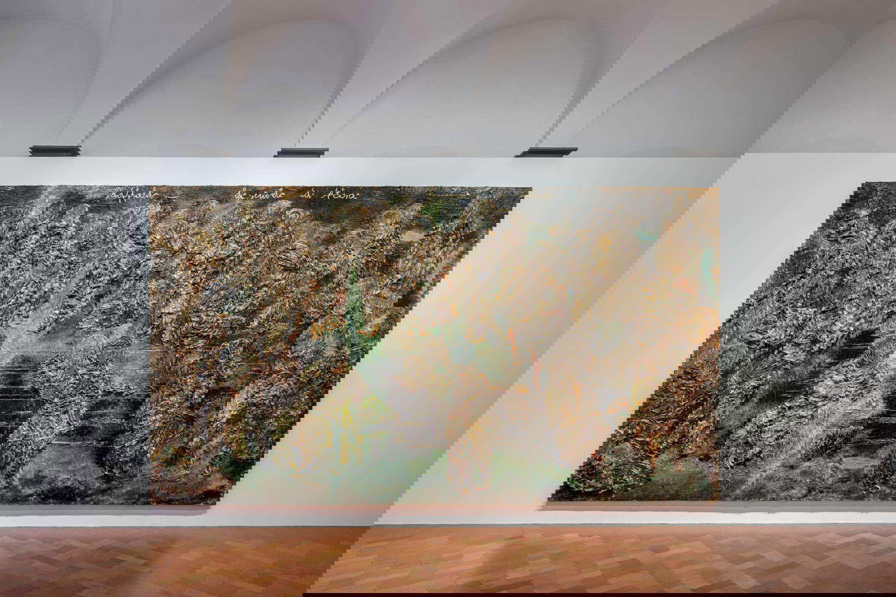 Anselm Kiefer, The School of Athens (2022; emulsion, oil, acrylic, shellac, gold leaf, electrolysis sediment, fabric and canvas-on-canvas collage, 470 &times; 840 cm)