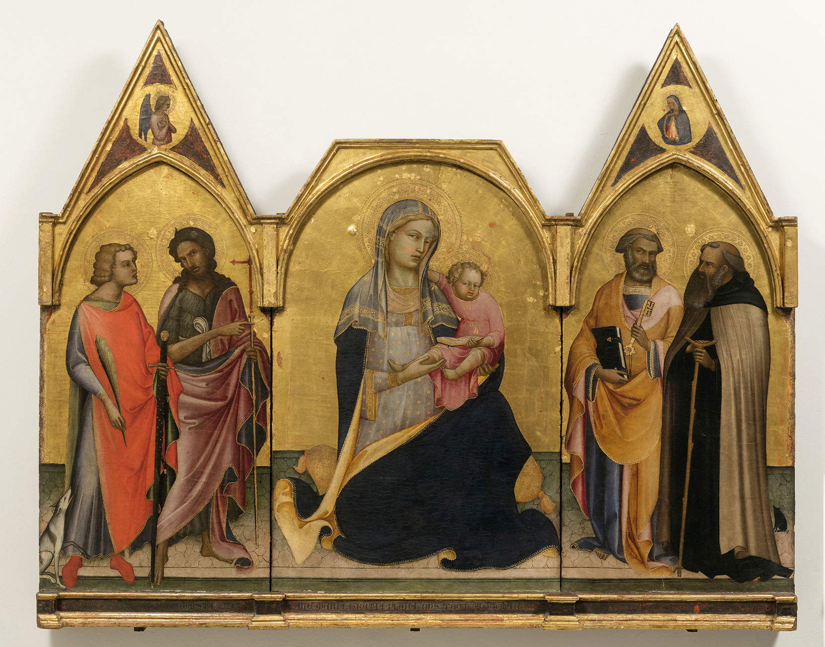 Piero di Giovanni known as Lorenzo Monaco, Madonna of Humility between Saints Donnino, John the Baptist, Peter and Anthony Abbot; Announcing Angel and Virgin Announced (1404; tempera and gold on panel, 127 × 78 cm the central compartment, 157 × 62.8 cm the side compartments; Empoli, Museo della Collegiata di Sant'Andrea, inv. 2) Piero di Giovanni known as Lorenzo Monaco, Madonna of Humility between Saints Donnino, John the Baptist, Peter and Anthony Abbot; Announcing Angel and Virgin Announced (1404; tempera and gold on panel, 127 × 78 cm the central compartment, 157 × 62.8 cm the side compartments; Empoli, Museo della Collegiata di Sant'Andrea, inv. 2)