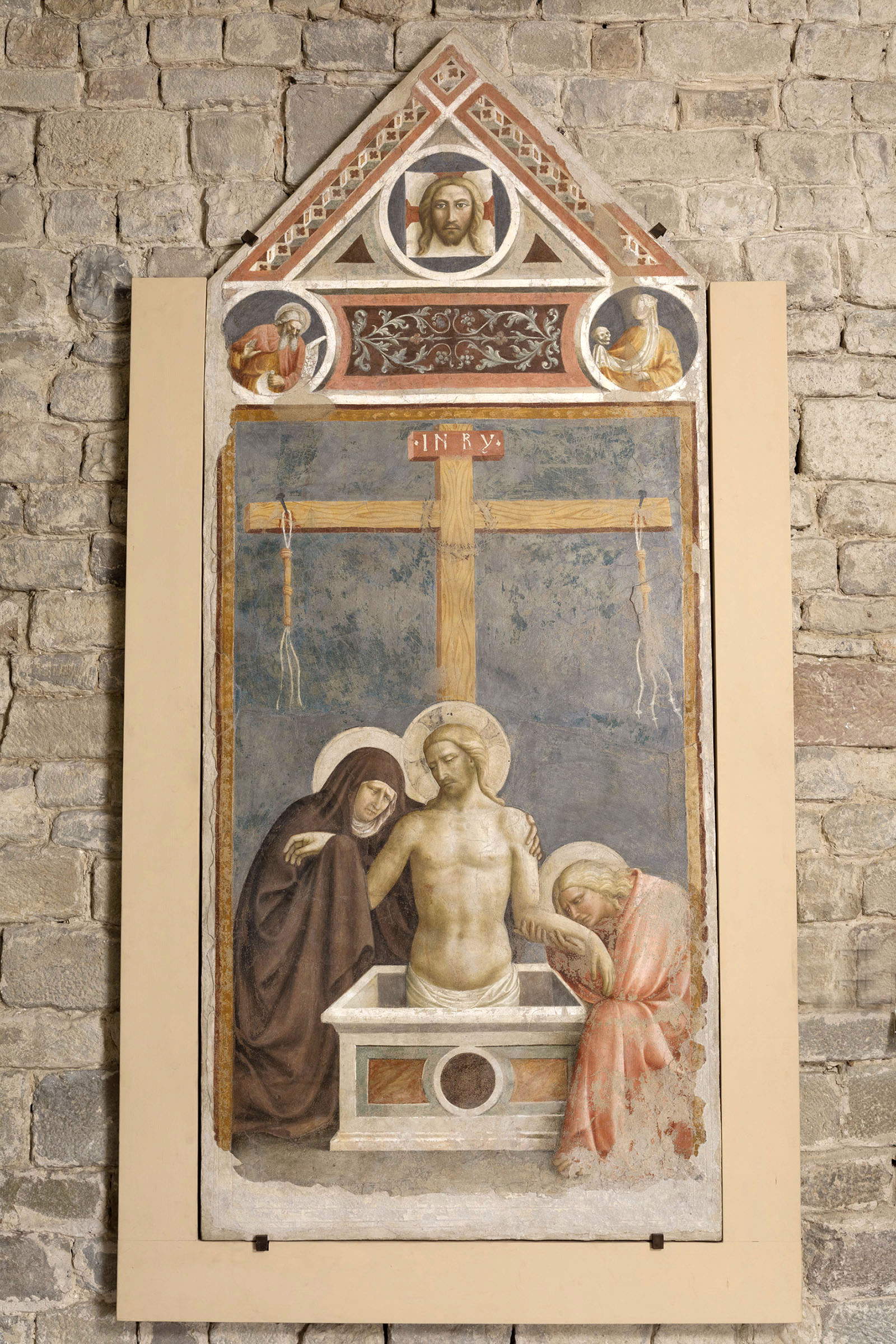 Tommaso di Cristofano di Fino known as Masolino, Pieta (c. 1425 or 1427-1428?; detached fresco, 280 × 118 cm; Empoli, Museo della Collegiata di Sant'Andrea, inv. 95) Tommaso di Cristofano di Fino known as Masolino, Pieta (c. 1425 or 1427-1428?; detached fresco, 280 × 118 cm; Empoli, Museo della Collegiata di Sant'Andrea, inv. 95)