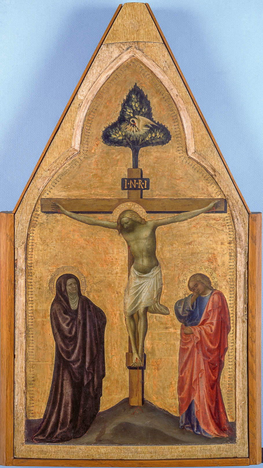Tommaso di Cristofano di Fino known as Masolino, Crucifixion (c. 1423; tempera and gold on panel, 53.1 × 31.6 cm; Vatican City, Vatican Pinacoteca, inv. MV.40260.0.0) Tommaso di Cristofano di Fino known as Masolino, Crucifixion (c. 1423; tempera and gold on panel, 53.1 × 31.6 cm; Vatican City, Vatican Pinacoteca, inv. MV.40260.0.0)