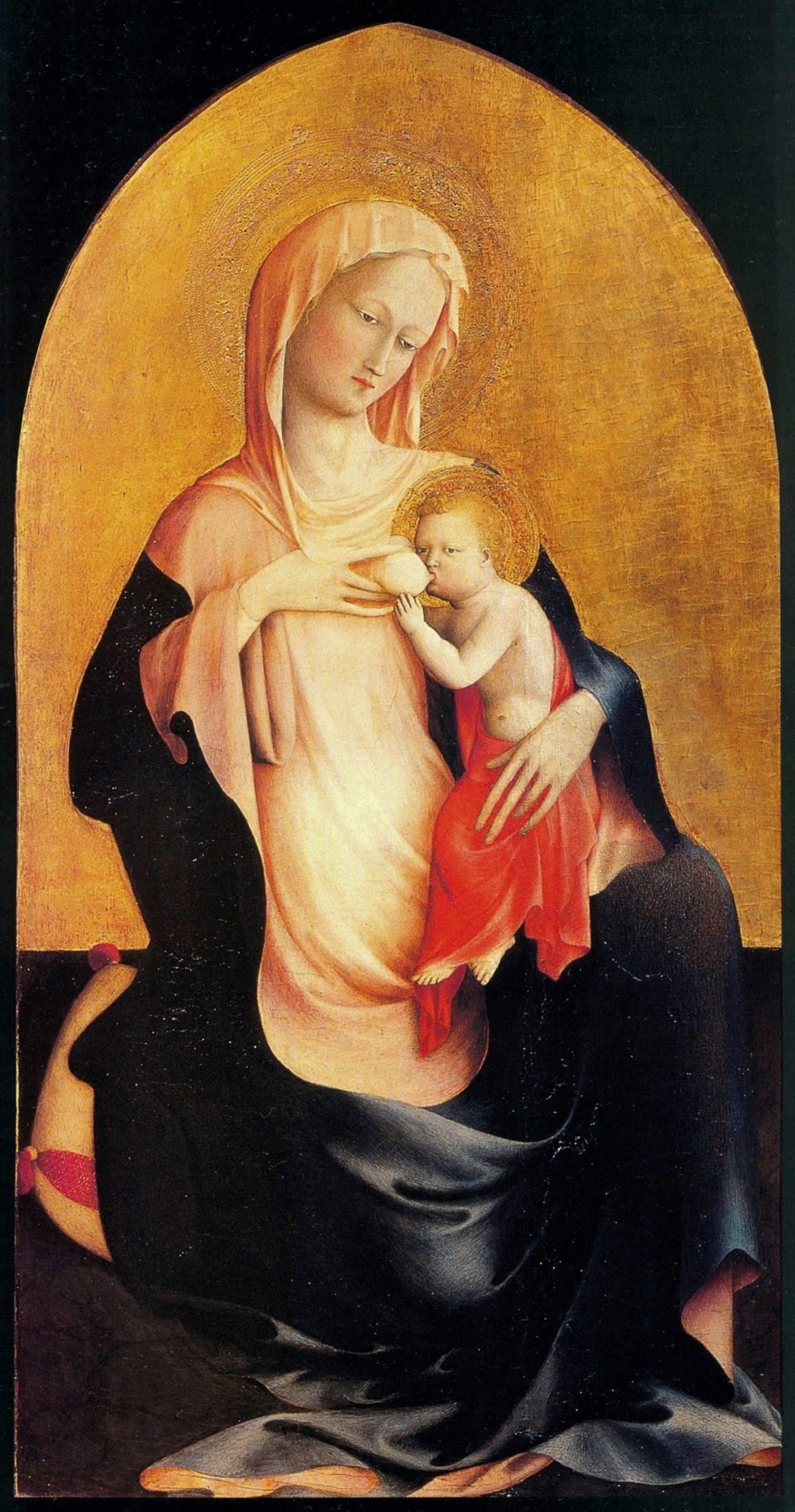 Tommaso di Cristofano di Fino known as Masolino, Lactating Madonna of Humility (c. 1415; tempera and gold on panel, 113 × 63 cm; Florence, Uffizi Galleries, inv. 1890, no. 9922) Tommaso di Cristofano di Fino known as Masolino, Lactating Madonna of Humility (c. 1415; tempera and gold on panel, 113 × 63 cm; Florence, Uffizi Galleries, inv. 1890, no. 9922)