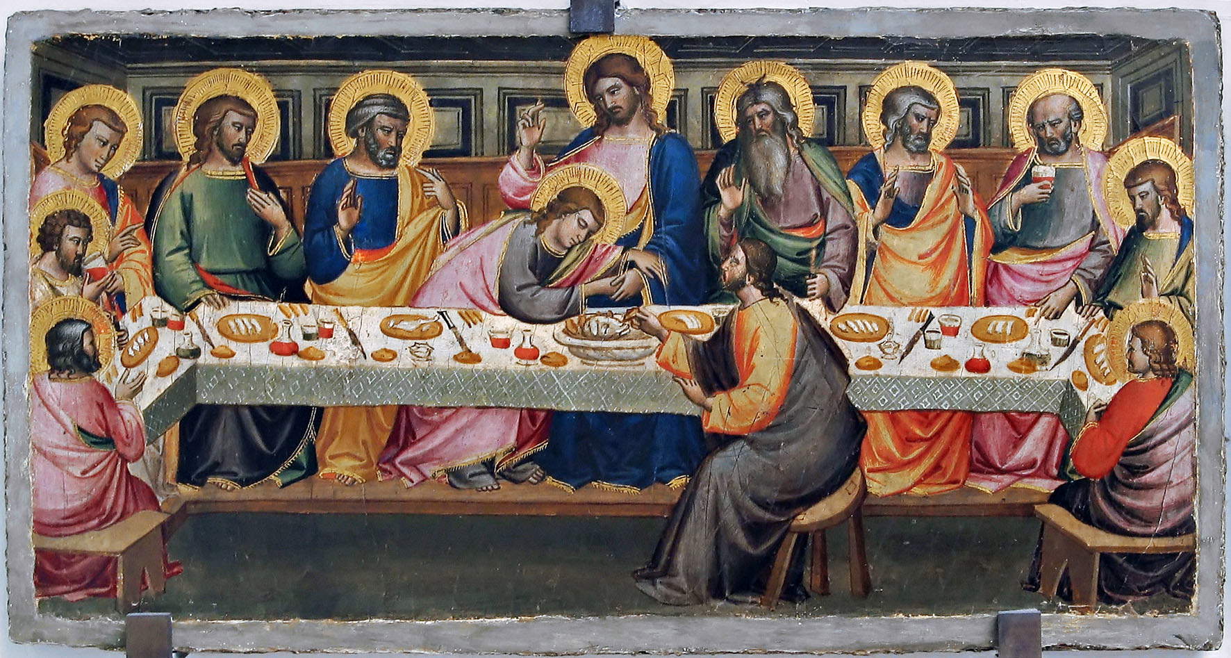 Niccolò di Pietro Gerini, Last Supper (1399-1401; tempera and gold on panel, 29× 56.5 cm; Empoli, Museo della Collegiata di Sant'Andrea, inv. 8) Niccolò di Pietro Gerini, Last Supper (1399-1401; tempera and gold on panel, 29× 56.5 cm; Empoli, Museo della Collegiata di Sant'Andrea, inv. 8)
