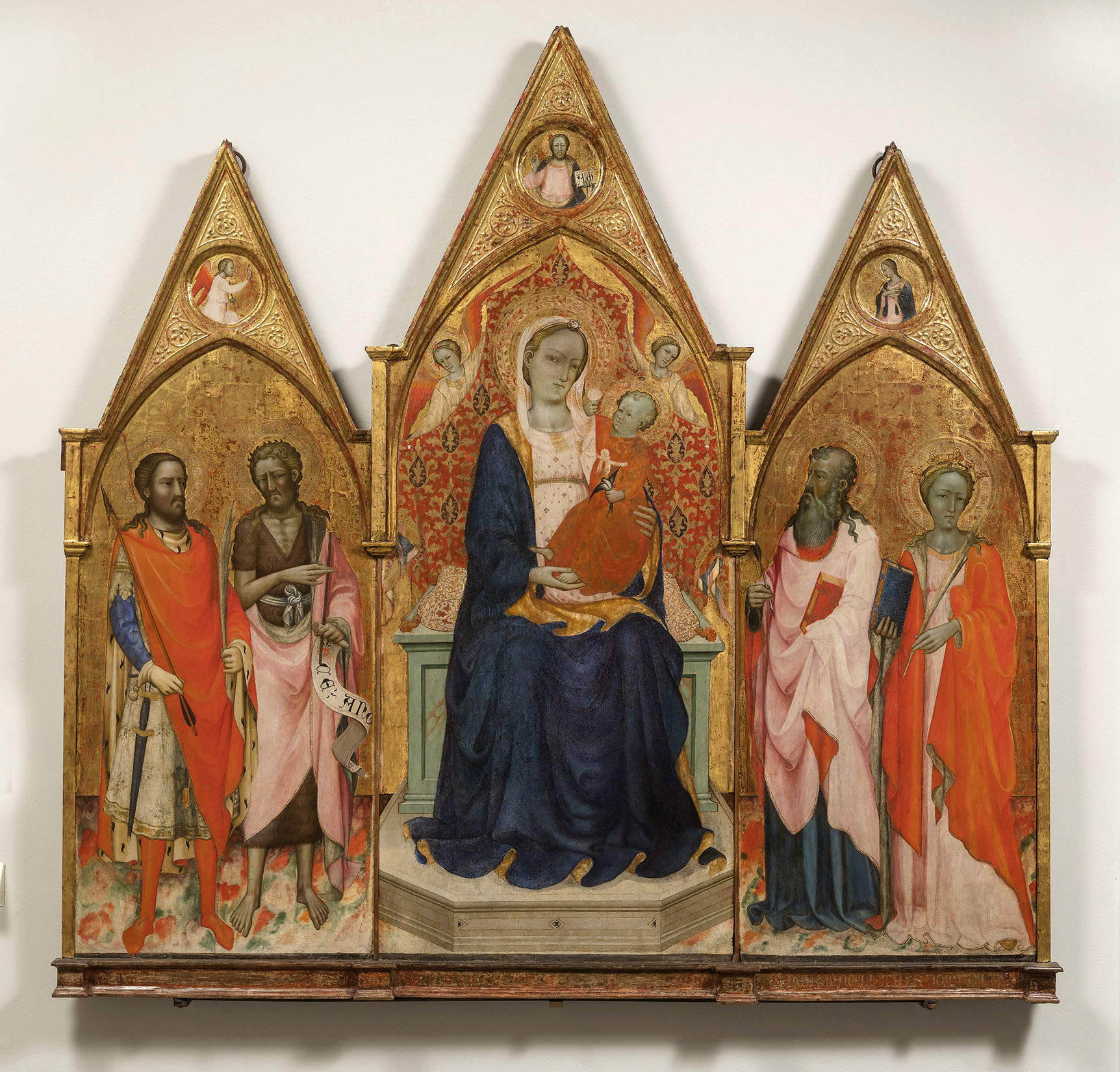 Rossello di Jacopo Franchi, Madonna and Child Enthroned, St. Sebastian, St. John the Baptist, St. John the Evangelist and St. Domitilla; Announcing Angel and Virgin Announced; Blessing Redeemer (c. 1440-1445; tempera, gold and ground glass on panel, 181 × 184 cm; Empoli, Museo della Collegiata di Sant'Andrea, inv. 26) Rossello di Jacopo Franchi, Madonna and Child Enthroned, St. Sebastian, St. John the Baptist, St. John the Evangelist and St. Domitilla; Announcing Angel and Virgin Announced; Blessing Redeemer (c. 1440-1445; tempera, gold and ground glass on panel, 181 × 184 cm; Empoli, Museo della Collegiata di Sant'Andrea, inv. 26)