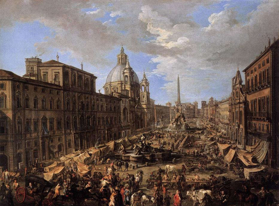 Andrea Locatelli, Mercato in piazza Navona (1733; olio su tela; Vienna, Akademie der bildenden Künste) Andrea Locatelli, Mercato in piazza Navona (1733; olio su tela; Vienna, Akademie der bildenden Künste)