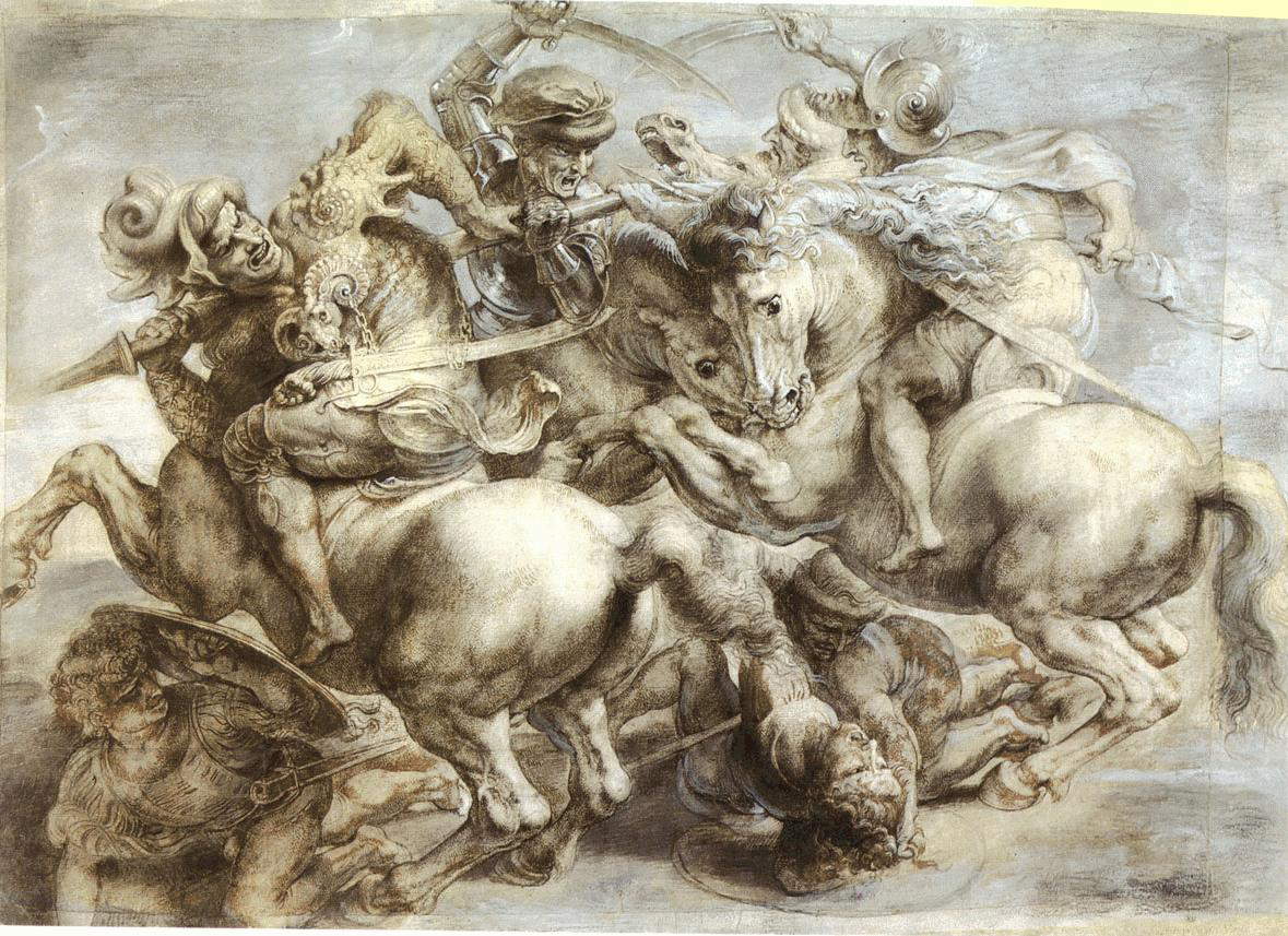 Anonimo del XVI secolo e Pieter Paul Rubens, Copia della Battaglia di Anghiari di Leonardo da Vinci (XVI secolo con ritocchi successivi di Rubens; matita nera, penna e inchiostro bruno e grigio, matita grigia e pigmenti bianchi e grigio-blu su carta, in origine 428 x 577 mm poi ingrandito a 453 x 636 mm; Parigi, Louvre, D&eacute;partement des arts graphiques)