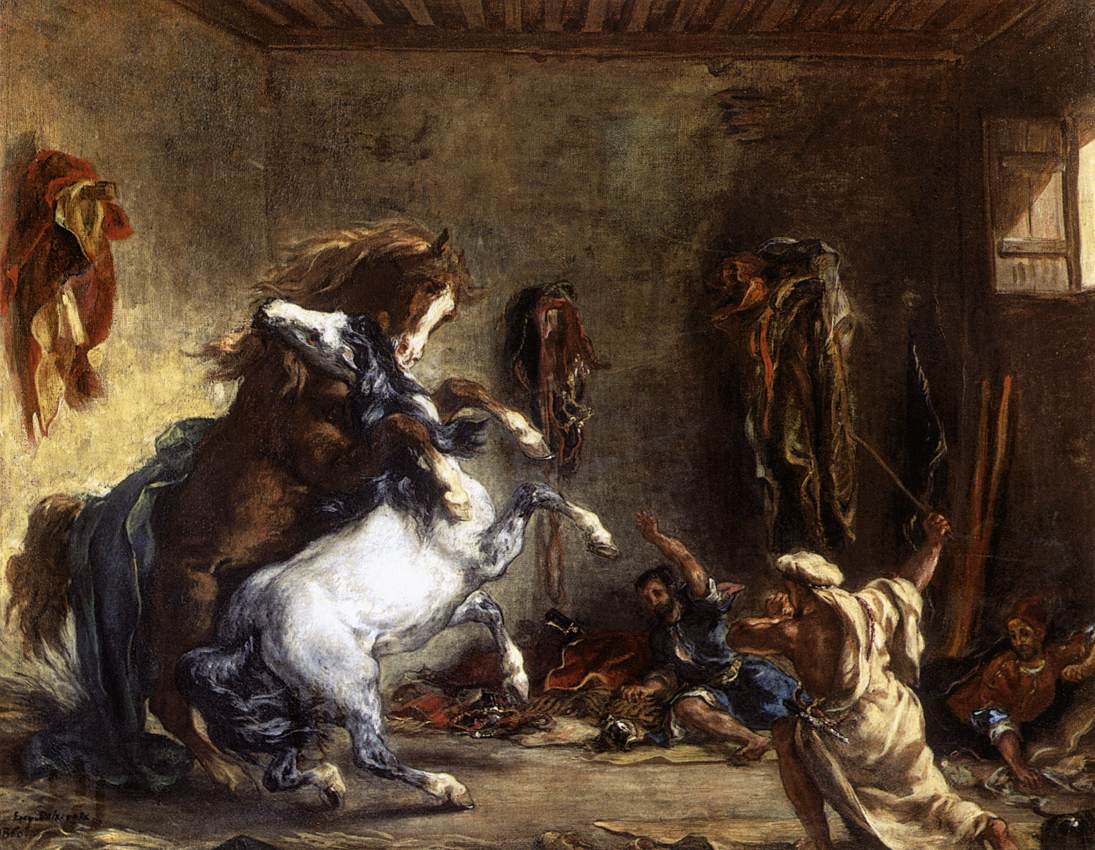 Eug&egrave;ne Delacroix, Zuffa di cavalli in una scuderia (1860; olio su tela, 64 x 81 cm; Parigi, Louvre)