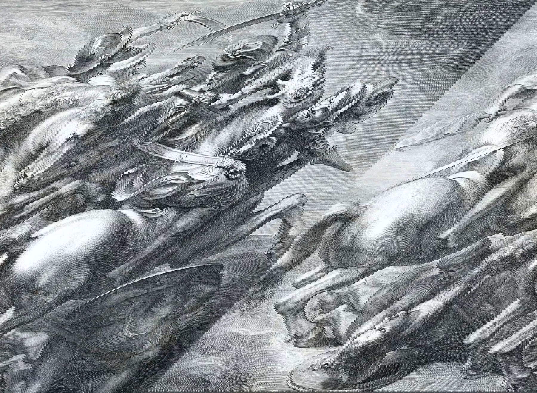 G&eacute;rard Edelinck, Lotta di cavalieri della Battaglia di Anghiari di Leonardo da Vinci (1657-1666; incisione a bulino, 606 x 450 mm; Anghiari, Museo della Battaglia e di Anghiari)