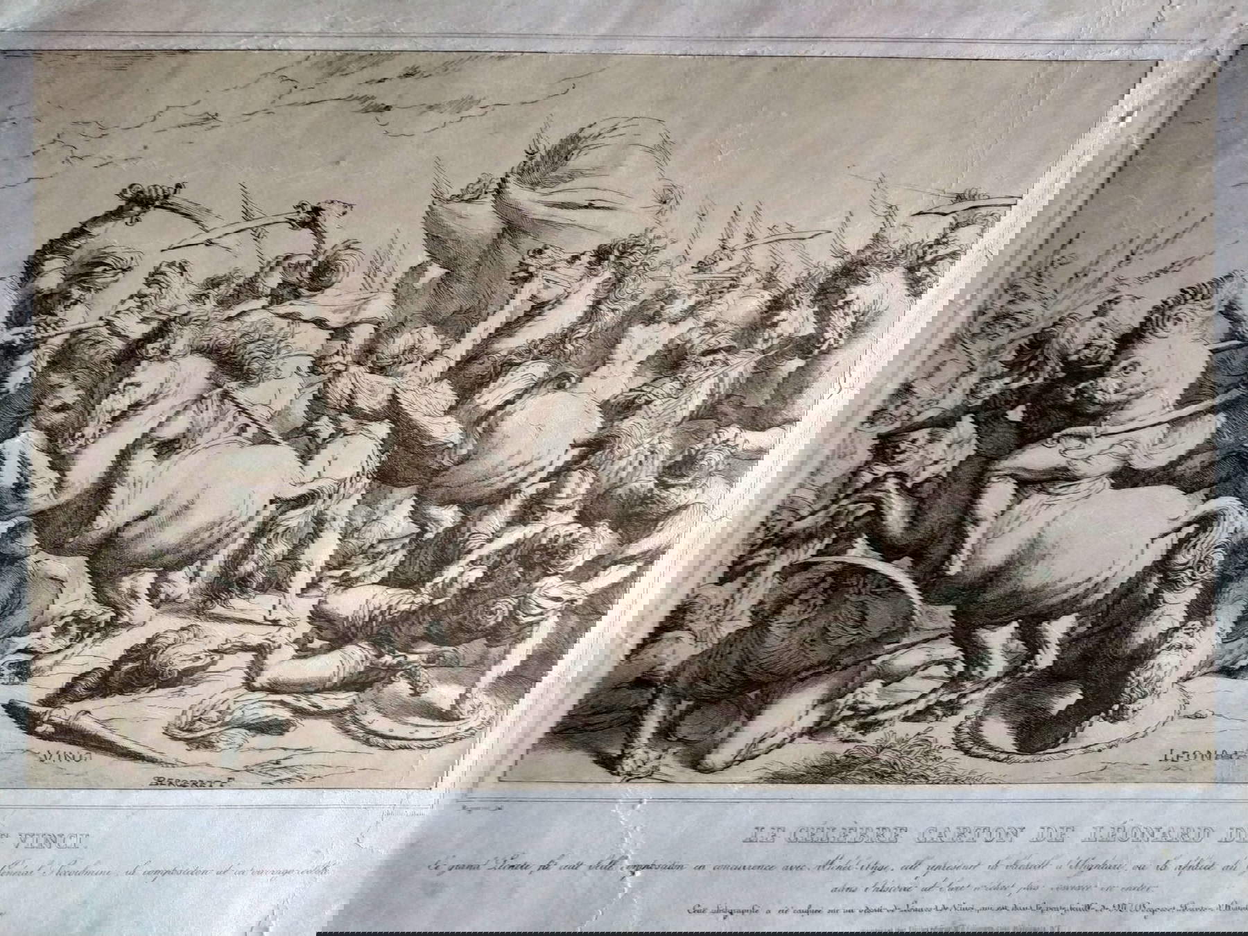 Pierre-Nolasque Bergeret, Le celebre carton del Leonard de Vinci (prima met&agrave; del XIX secolo; litografia, 420 x 575 mm; Anghiari, Museo della Battaglia e di Anghiari)