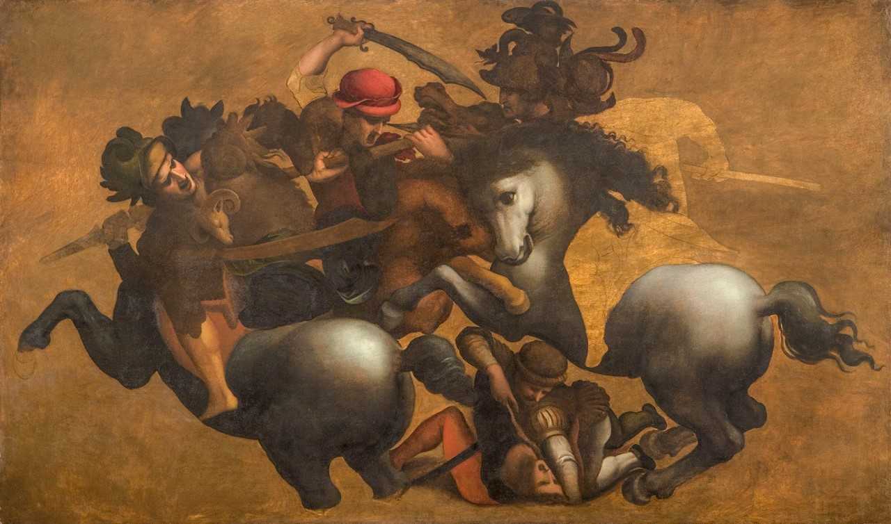 Artista ignoto, La Battaglia di Anghiari (met&agrave; del XVI secolo; olio su tela, 86 x 144 cm; Firenze, Palazzo Vecchio)