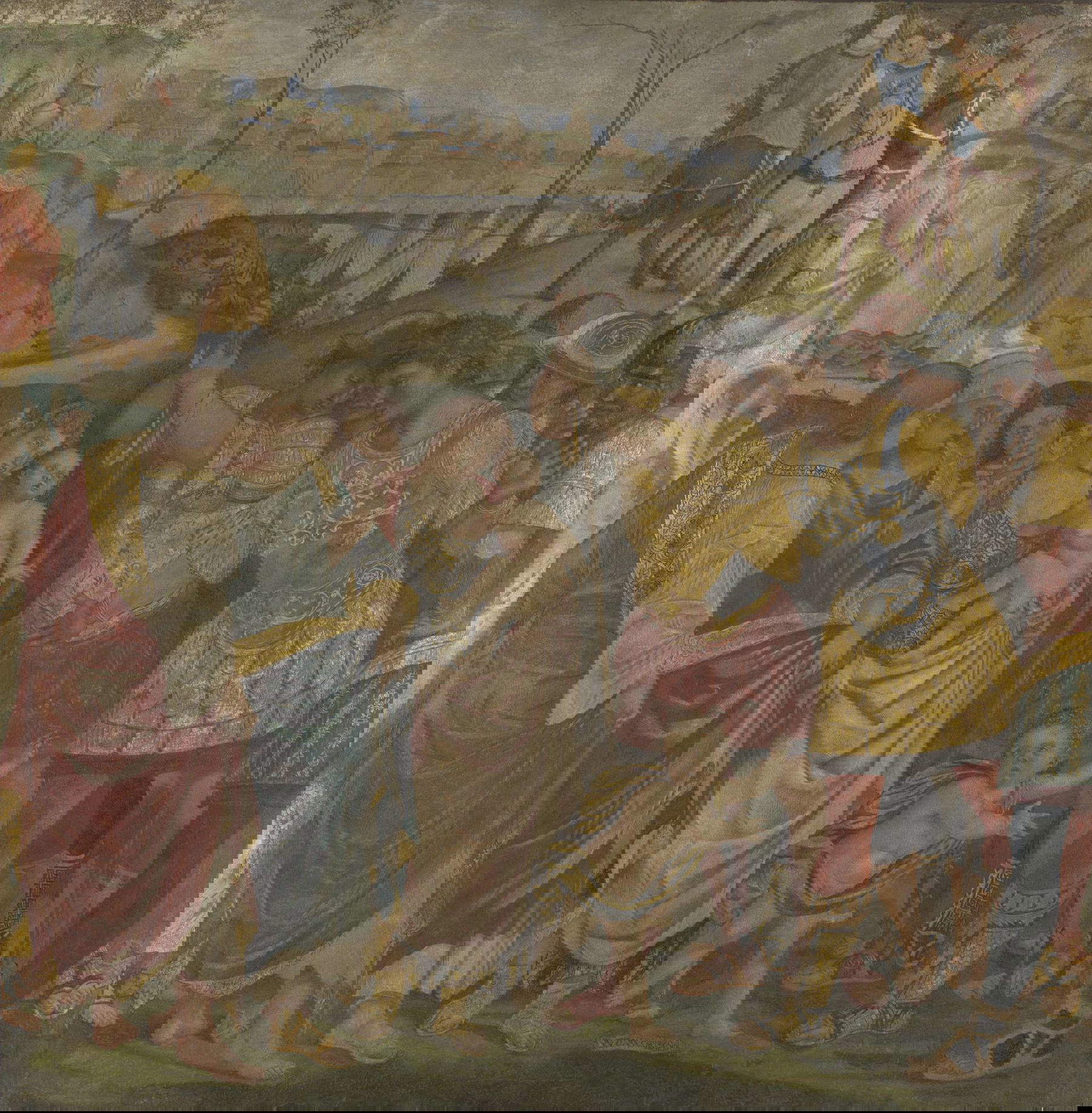 Luca Signorelli, Coriolano viene persuaso dalla sua famiglia a risparmiare Roma (1509 circa; affresco trasportato su tela, 125,7 x 125,7 cm; Londra, National Gallery) Luca Signorelli, Coriolano viene persuaso dalla sua famiglia a risparmiare Roma (1509 circa; affresco trasportato su tela, 125,7 x 125,7 cm; Londra, National Gallery)