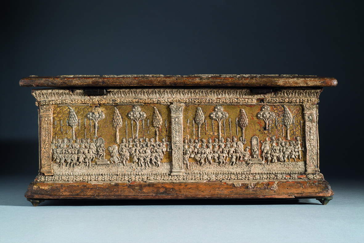 Cleveland casket workshop, Casket with Enthroned Figures and Warriors [verso] (early decades of the 16th century; wood, gold leaf and pastille, 16.7 x 40.2 x 27.5 cm; Private collection)