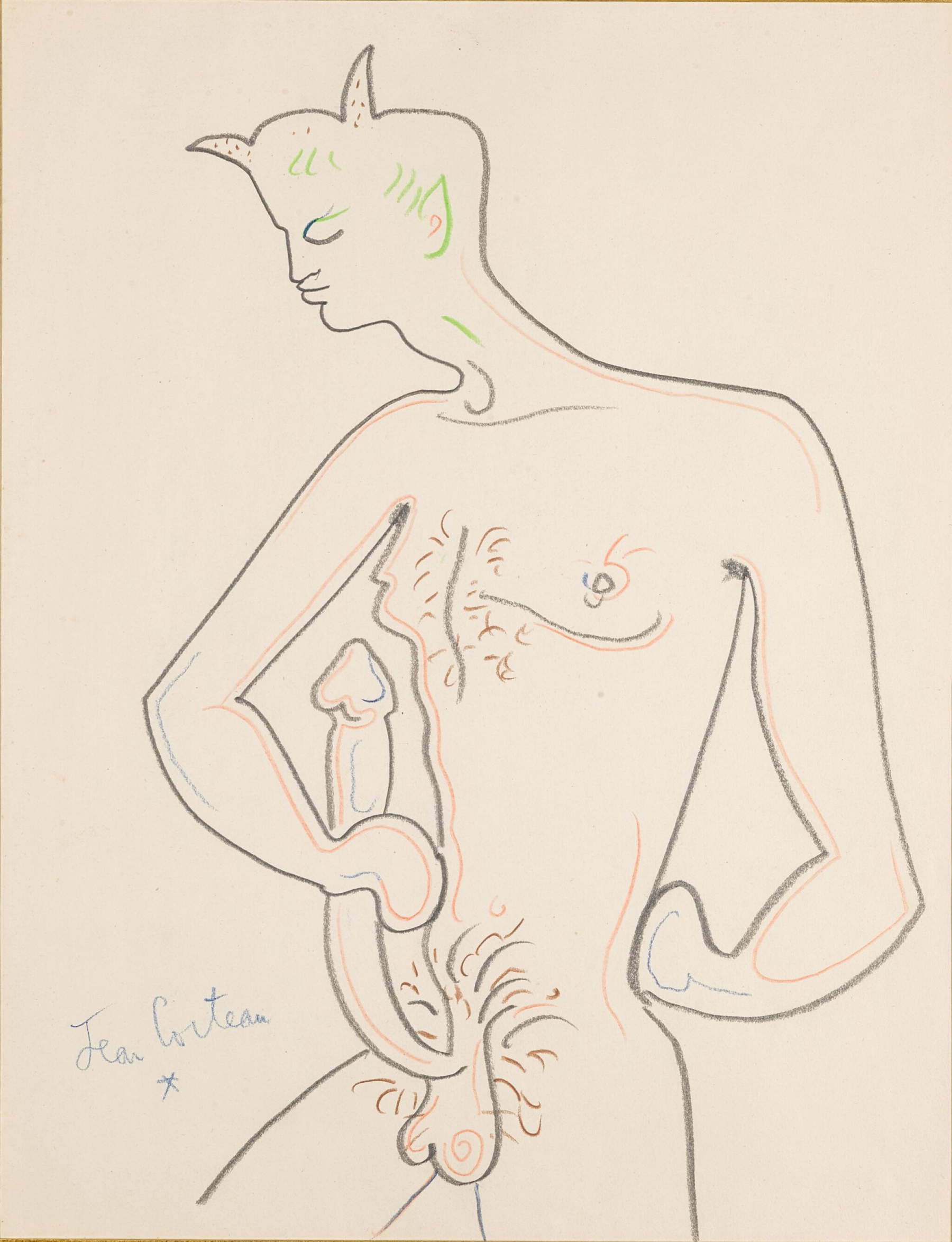 Jean Cocteau, Fauno (1958 circa; matita e pastelli colorati su carta, 42 x 33 cm)